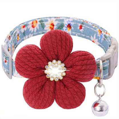 Floral Dog Collar with 3D Flower Charm and Removable Bell